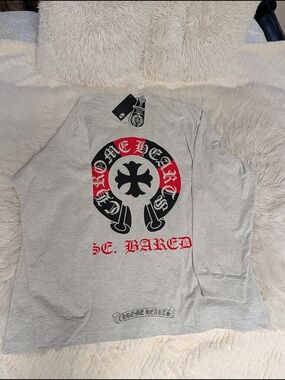 Chrome Hearts Gray Long Sleeve Tee with Black & Red Graphic